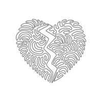 Single one line drawing love shape broken in two. Emoji of heartbreak, broken heart, divorce icon or symbol. Swirl curl style concept. Modern continuous line draw design graphic vector illustration