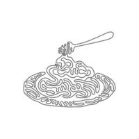 Continuous one line drawing spaghetti bolognese with fork on plate. Classic Italian pasta dish for lunch. Delicious meal at home. Swirl curl style. Single line draw design vector graphic illustration
