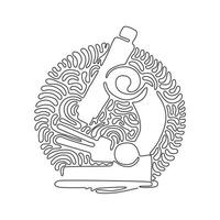 Continuous one line drawing microscope icon. Virus medical research test. Hospital professional lab. Chemical laboratory. Swirl curl circle background style. Single line draw design vector graphic