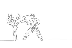 One continuous line drawing of two young talented karateka men train pose for duel fighting at dojo gym center. Mastering martial art sport concept. Dynamic single line draw design vector illustration