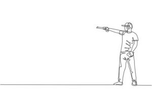One continuous line drawing of young man on shooting training ground practice for competition with pistol handgun. Outdoor shooting sport concept. Dynamic single line draw design vector illustration