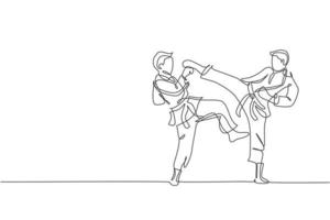 Single continuous line drawing two young confident karateka men in kimono practicing karate combat at dojo. Martial art sport training concept. Trendy one line draw design vector graphic illustration