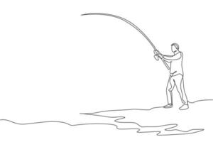One continuous line drawing of young happy fisherman standing and fishing a fish at the riverside. Fishing leisure hobby vacation concept. Dynamic single line draw design vector graphic illustration