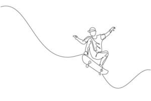 One continuous line drawing of young cool skateboarder man riding skateboard and doing a jump trick in skatepark. Extreme teenager sport concept. Dynamic single line draw design vector illustration