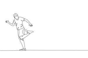 One single line drawing of young happy man perform soccer freestyle, keep the ball with calf at city square vector illustration. Football freestyler sport concept. Modern continuous line draw design