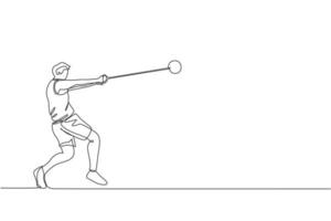 One continuous line drawing of young sporty man exercise to focus before throw hammer on the field. Athletic games. Olympic sport concept. Dynamic single line draw design graphic vector illustration