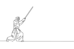 dibujo de una sola línea continua de un joven deportivo que practica la habilidad de arte marcial de ataque de bloqueo de kendo en el centro deportivo del gimnasio. concepto de deporte de lucha. ilustración de vector de diseño de dibujo de una línea de moda