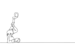 Single continuous line drawing of young sportive man train soccer freestyle, hold the ball with toe on the field. Football freestyler concept. Trendy one line draw design vector graphic illustration