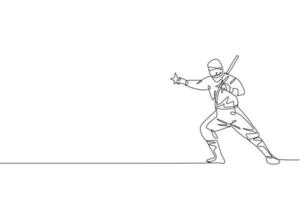 One continuous line drawing of young brave Japanese ninja character on black costume with attacking position. Martial art fighting concept. Dynamic single line draw design vector graphic illustration