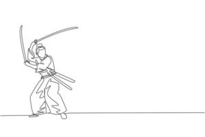 One continuous line drawing of young bravery samurai warrior pose ready to attack at training session. Martial art combative sport concept. Dynamic single line draw design graphic vector illustration