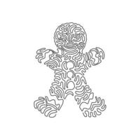 Continuous one line drawing gingerbread man icing. Cookie in shape of man. Illustration for winter holiday, cooking, new year's eve. Swirl curl style. Single line design vector graphic illustration