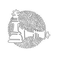 Single continuous line drawing figures of wooden chess on chessboard. King, queen of opposing team's. Swirl curl circle background style. Dynamic one line draw graphic design vector illustration