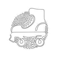 Single one line drawing old retro plastic quad roller skate shoes. Trendy vintage classic sport concept. Swirl curl circle background style. Continuous line draw design graphic vector illustration