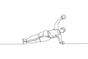 One single line drawing of young energetic man working out doing side plank with dumbbell in gym vector illustration. Fitness sport and healthy lifestyle concept. Modern continuous line draw design