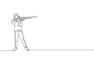 One continuous line drawing of young man on shooting training ground practice for competition with pistol handgun. Outdoor shooting sport concept. Dynamic single line draw design vector illustration
