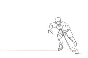 Single continuous line drawing of young professional ice hockey player hit the puck and attack on ice rink arena. Extreme winter sport concept. Trendy one line draw design vector graphic illustration