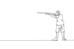 Single continuous line drawing of young athlete man shooter holding gun and training to aim target tactical shooting. Shooting sport training concept. Trendy one line draw design vector illustration