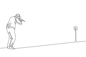 un dibujo de una sola línea de un joven practicando para disparar al objetivo en el campo de tiro en la ilustración gráfica del vector del campo de entrenamiento. concepto deportivo de tiro al plato. diseño moderno de dibujo de línea continua