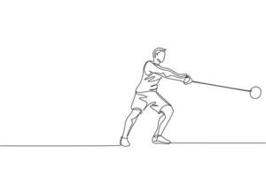 Single continuous line drawing young sportive man practice to swing hammer before throwing to the court stadium. Athletic games sport concept. Trendy one line draw graphic design vector illustration