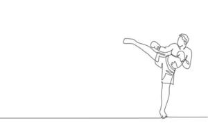 un dibujo de una sola línea de un joven enérgico kickboxer practica una patada lateral en la arena de boxeo ilustración vectorial gráfica. concepto de deporte de estilo de vida saludable. diseño moderno de dibujo de línea continua vector