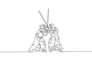 One single line drawing of two young energetic man exercise sparring fight kendo with wooden sword at gym center vector illustration. Combative fight sport concept. Modern continuous line draw design