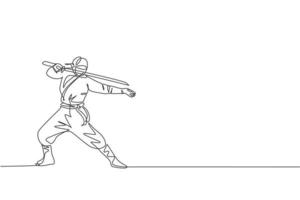 Single continuous line drawing of young Japanese culture ninja warrior on mask costume with attacking stance pose. Martial art fighting samurai concept. Trendy one line draw design vector illustration