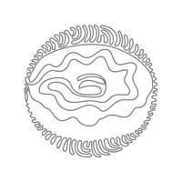 Continuous one line drawing chocolate glazed ring donut. Sweet doughnut. Appetizing fresh food for breakfast. Swirl curl circle background style. Single line draw design vector graphic illustration