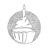 Single one line drawing yummy cupcake with candle. Sweet tasty cake. Delicious dessert for dinner. Swirl curl circle background style. Modern continuous line draw design graphic vector illustration