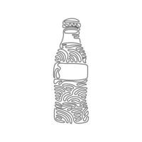 Single one line drawing soft drink in bottle glass. Cold soda to crave for refreshing feeling. Drink to quench thirst. Swirl curl style. Modern continuous line draw design graphic vector illustration