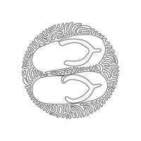 Continuous one line drawing flip flops icon. Cute and colorful summer flip flops for beach holiday designs. Swirl curl circle background style. Single line draw design vector graphic illustration