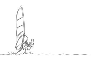 un dibujo de línea continua de un joven enérgico que se divierte jugando al windsurf en el océano. concepto de deporte de estilo de vida saludable. felices vacaciones turísticas. Ilustración de vector de diseño de dibujo de línea única dinámica