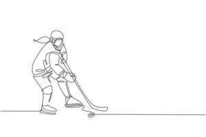 One single line drawing of young ice hockey player in action to play a competitive game on ice rink stadium vector graphic illustration. Sport tournament concept. Modern continuous line draw design