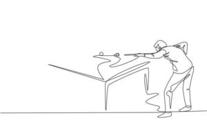 One continuous line drawing of young handsome man focus aiming before hit the pool billiard balls with stick. Tournament indoor sport game concept. Dynamic single line draw design vector illustration