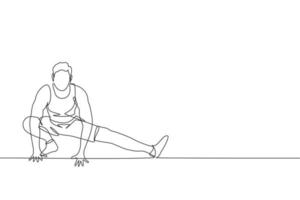 One continuous line drawing of young sporty man working out stretching his leg in fitness gym club center. Healthy fitness sport concept. Dynamic single line draw design vector illustration graphic
