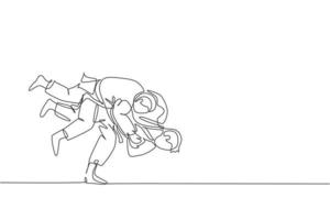 dibujo de una sola línea continua de dos jóvenes luchadores de judoka deportivos que practican la habilidad de judo en el centro de gimnasia dojo. lucha contra jujitsu, concepto de deporte de aikido. ilustración de vector de diseño de dibujo de una línea de moda