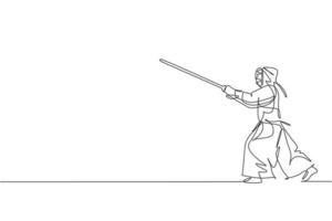 una sola línea dibujando la habilidad de ataque del tren de un joven enérgico en kendo con espada de madera en la ilustración vectorial del centro de artes marciales. concepto de deporte de lucha combativa. diseño moderno de dibujo de línea continua vector