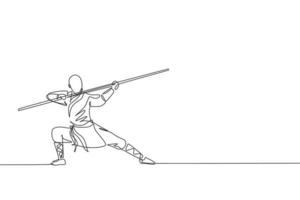 un dibujo de una sola línea de un joven monje shaolin enérgico que ejercita kung fu luchando con un palo en la ilustración del vector del templo. antiguo concepto de deporte de arte marcial chino. diseño de dibujo de línea continua