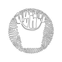 Patatas fritas de dibujo de una línea continua en paquete de caja de papel, aislado. Papa frita. obras de arte retro de comida rápida. estilo de fondo de círculo de rizo de remolino. ilustración gráfica de vector de diseño de dibujo de una sola línea