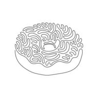 Continuous one line drawing chocolate glazed ring donut. Sweet doughnut. Appetizing fresh food for breakfast or lunch. Swirl curl style. Single line draw design vector graphic illustration