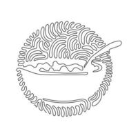 copos de maíz de dibujo de una sola línea, cereal y salpicaduras de leche en un tazón. desayuno saludable para niños. estilo de fondo de círculo de rizo de remolino. ilustración de vector gráfico de diseño de dibujo de línea continua moderna