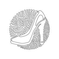 Single continuous line drawing women shoes icon. Lady high heels shoe outline. Fashion footwear design. Elegant women high heel shoe. Swirl curl circle background style. Dynamic one line draw graphic vector