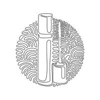 Single one line drawing black mascara bottle. Brush and mascara tube. Fashionable cosmetics makeup design for eyes. Swirl curl circle background style. Continuous line draw design graphic vector