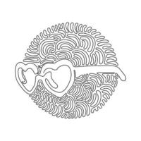 Single continuous line drawing glasses in shape hearts. Valentine's Day and love. Fashion and style, accessories. Swirl curl circle background style. One line draw graphic design vector illustration