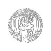 Continuous one line drawing athletic sportsman arm holding dumbbell. Fitness workout. Barbell and strong hand fist. Swirl curl circle background style. Single line design vector graphic illustration