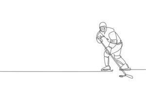 dibujo de una sola línea continua de un joven jugador profesional de hockey sobre hielo golpeó el disco y atacó en la arena de la pista de hielo. concepto de deporte extremo de invierno. gráfico de ilustración vectorial de diseño de dibujo de una línea de moda vector