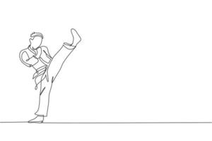 One continuous line drawing of young talented karateka man train pose for duel fighting at dojo gym center. Mastering martial art sport concept. Dynamic single line draw design vector illustration