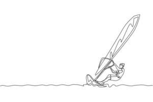 un dibujo de línea continua de un joven enérgico que se divierte jugando al windsurf en el océano. concepto de deporte de estilo de vida saludable. felices vacaciones turísticas. Ilustración de vector de diseño de dibujo de línea única dinámica