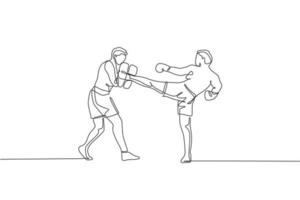 Single continuous line drawing of young sportive man kickboxer exercise with personal trainer in sport hall. Fight competition kickboxing sport concept. Trendy one line draw design vector illustration