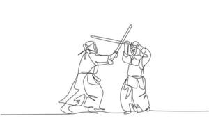 un dibujo de una sola línea de dos jóvenes enérgicos ejercitan un partido de combate de kendo con una espada de madera en la ilustración vectorial del centro de gimnasio. concepto de deporte de lucha combativa. diseño moderno de dibujo de línea continua vector