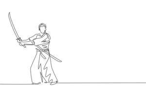 un dibujo de una sola línea de un joven guerrero samurái japonés sosteniendo una espada katana practicando en el centro del dojo ilustración vectorial gráfica. concepto de arte marcial combativo. diseño moderno de dibujo de línea continua vector